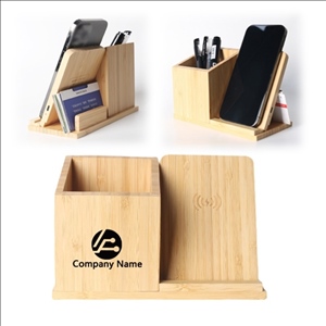 Bamboo Pen Holder Wireless Charger With Mobile Phone Stand